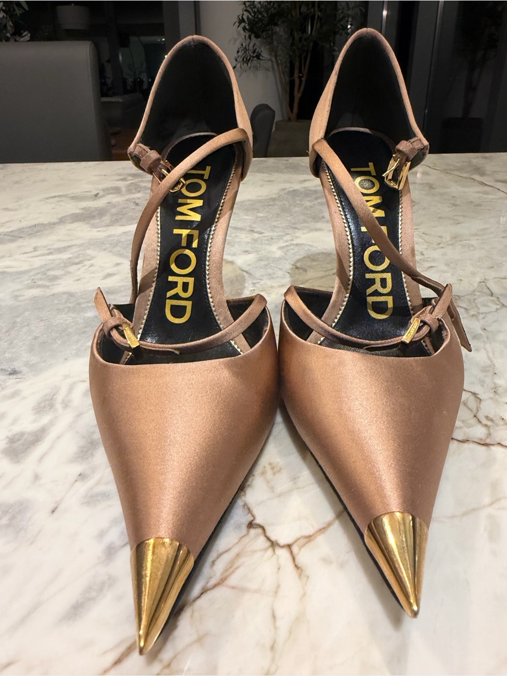 Tom Ford Rose Gold Satin Pointed Toe Ankle-Strap Pumps with Gold Caps